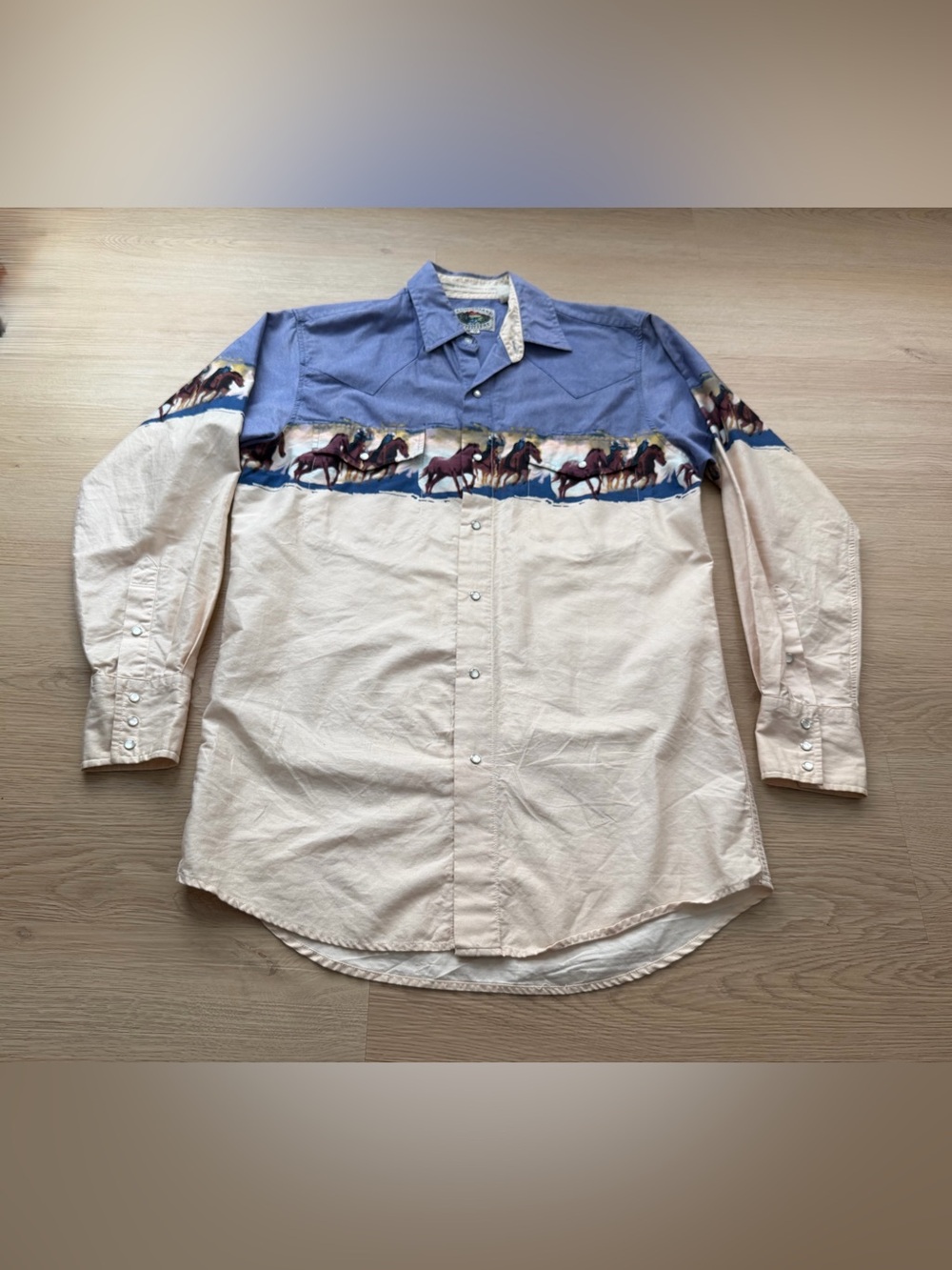 Vtg 90s Cowboy Shirt Men Size M Pearl Snaps Horses Western Cumberland Outfitters